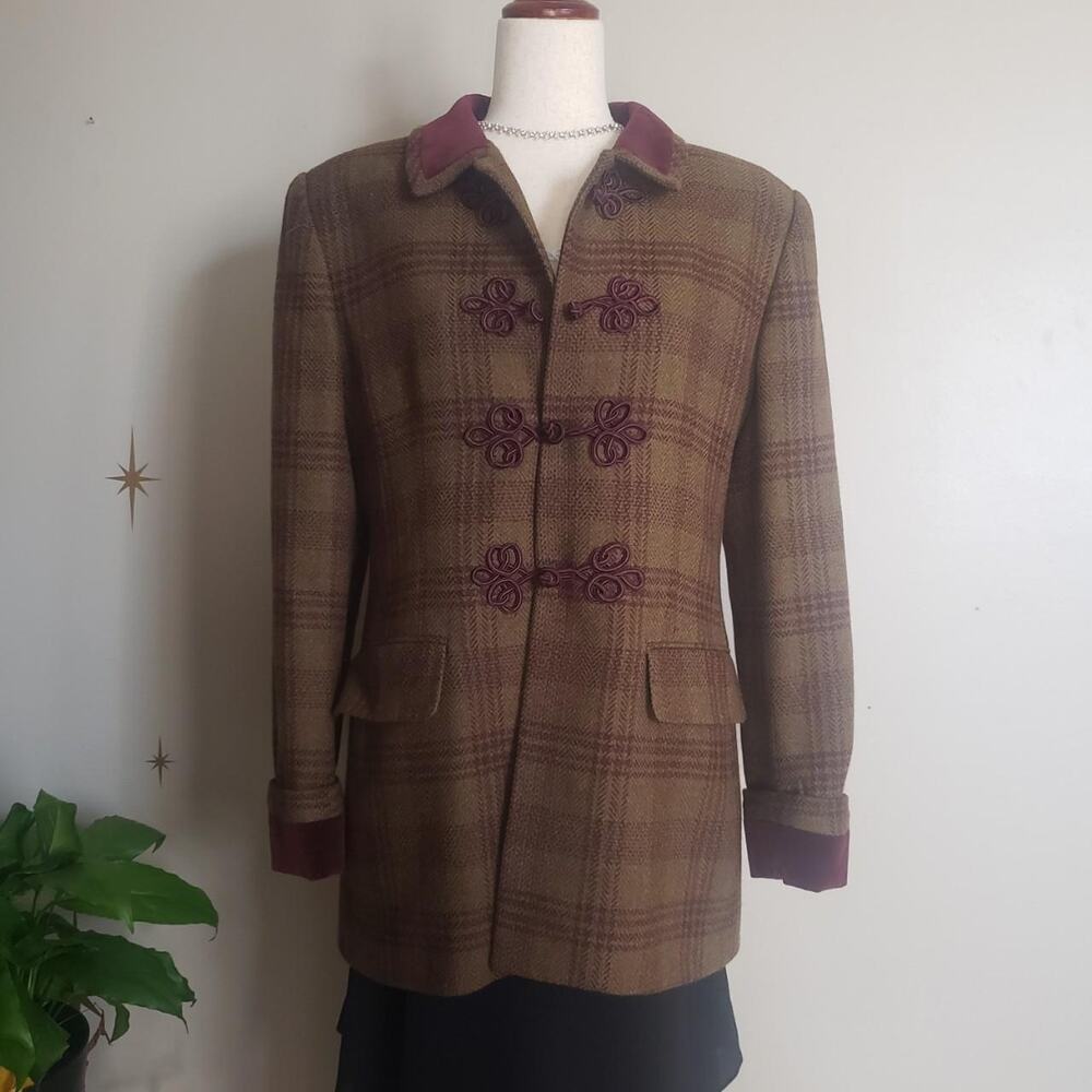 Jones New York Brown Plaid Blazer with Burgundy Trim